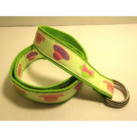 Ribbon Belt Vintage 80s Preppy Pink Green Hats Fabric Canvas D Ring Womens